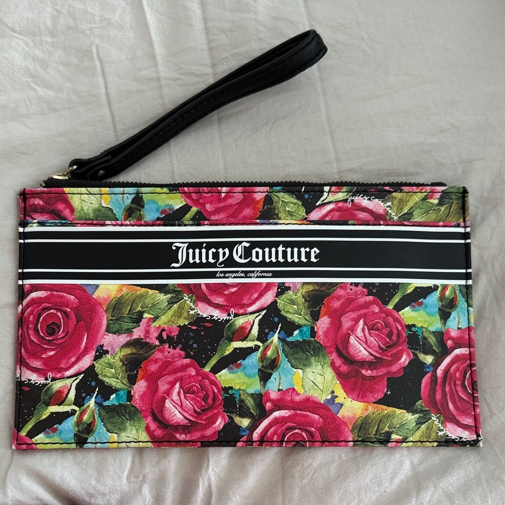 Juicy Couture Rose Print Wristlet - Black and Pink